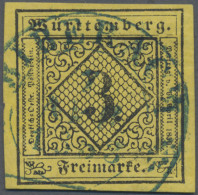 Württemberg - Marken Und Briefe: 1851, 3 Kr. Schwarz Auf Dunkelgelb, Blauer Stei - Altri & Non Classificati