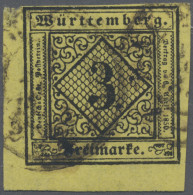 Württemberg - Marken Und Briefe: 1851, 3 Kr. Schw. A Gelb, Seidenpapier, Type V, - Altri & Non Classificati