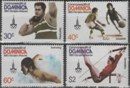 DOMINICA :1980: Y.642-45 + BF62 : ## Olympics MOSCOU 1980 ##.  @§@ Lancement Du Poids – Basket-ball – Natation – ..... - Ete 1980: Moscou