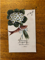 1er Avril Poisson D'Avril * Carte Fantaisie Ancienne Celluloïde Peinte Main ! * Fleurs Flowers Fish - April Fool's Day