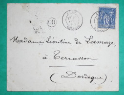 N°90 SAGE CAD TYPE 18 AYEN CORREZE OR ORIGINE RURALE POUR TERRASSON DORDOGNE 1890 LETTRE COVER FRANCE - 1877-1920: Semi-Moderne