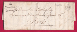 CURSIVE 61 BEAUMETZ LES LOGES PAS DE CALAIS OR FOSSEUX POUR PARIS 1849 LETTRE - 1801-1848: Précurseurs XIX