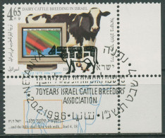 Israel 1996 Israelischer Viehzüchterverband Kuh 1361 Ecke Mit Tab Gestempelt - Used Stamps (with Tabs)