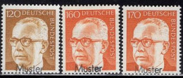 GERMANY(1972) Gustav Heinemann. Set Of 3 With MUSTER (specimen) Overprint. Scott No 1039//42a. - Autres & Non Classés