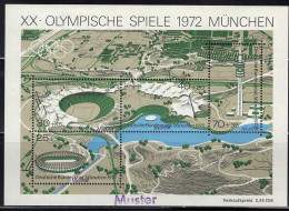 GERMANY(1972) Munich Olympic Games Aerial View. Souvenir Sheet Of 4 With MUSTER (specimen) Overprint. Scott No B489. - Otros & Sin Clasificación