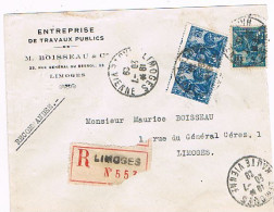 87 LIMOGES Lettre Recomm Commerciale 20/7/1928 Travaux Publics BOISSEAU - 3 Timbres YT 257 Jeanne D' Arc (177) - 1921-1960: Periodo Moderno