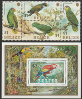 THEMATIC FAUNA:  PARROTS     -   Block Of 4+MS    -    BELIZE - Papagayos