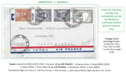 AIR FRANCE 1940 Argentina Santa Fe NORWAY Oslo Airmail Cover AF 238 R Farman Ville De Dakar Pilote Marcel REINE - Vliegtuigen