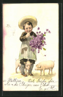 Künstler-AK Bauernkind Mit Schweinchen Und Veilchen  - Pigs