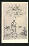 Künstler-AK Kriegs-Ostern 1917, Soldat In Uniform Mit Pickelhaube, Engelchen Läuten Die Friedensglocken  - Guerra 1914-18