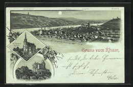Mondschein-Lithographie Bingen, Hotel Rochusberg, St. Rochuskapelle, Totalansicht  - Bingen