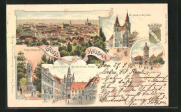 Lithographie Ansbach, Oberer Markt U. St. Gumbertus-Kirche, Platen-Denkmal, Totalansicht  - Ansbach