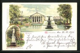 Lithographie Wiesbaden, Kaiser Wilhelm I. Denkmal, Kurhaus  - Wiesbaden