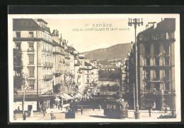 AK Genève, Rue De Mont-Blanc Et Le Mt. Blanc, Strassenbahn  - Strassenbahnen