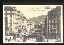 AK Genève, Rue De Mont-Blanc Et Le Mt. Blanc, Strassenbahn  - Tranvía