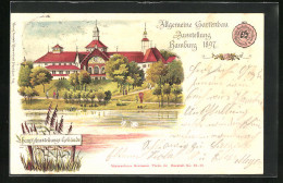 Lithographie Hamburg, Allg. Gartenbau Ausstellung 1897, Haupt-Ausstellungs-Gebäude  - Tentoonstellingen