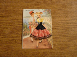 Carte Brodée "Côte D'Azur" - Jeune Couple - Jeune Femme Costume Brodé/Tissu - 10,5x15cm Env. - Brodées