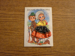 Carte Brodée "Sologne, Mon Beau Pays" - Jeune Couple - Jeune Femme Costume Brodé/Tissu - 10,5x15cm Env. - Embroidered