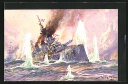 Artist's Pc Willy Stöwer: Seegefecht In Der Nordsee 1915, Englischer Schlachtkreuzer  - Oorlog