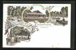 Lithographie Lübeck, Gasthaus Fischerbuden, Gondelfahrt  - Lübeck
