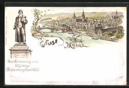 Lithographie Mainz, Gutenberg Denkmal, Flusspartie Mit Dampfer, Buchdruck  - Andere & Zonder Classificatie