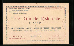 Cartolina Genova, Hotel Grande Ristorante Crespi, Via Andrea Doria, 64-66  - Genova