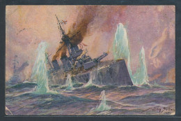 Artist's Pc Willy Stoewer: Englisches Kriegsschiff Im Salvenfeuer Deutscher Kreuzer, Seegefecht In Der Nordsee 1915  - Warships