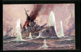 Artist's Pc Willy Stoewer: Englisches Kriegsschiff Im Salvenfeuer Deutscher Kreuzer, Seegefecht In Der Nordsee 1915  - Oorlog