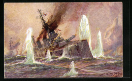 Artist's Pc Willy Stoewer: Englisches Kriegsschiff Im Salvenfeuer Deutscher Kreuzer, Seegefecht In Der Nordsee 1915  - Krieg