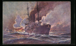 Künstler-AK Willy Stoewer: Madras, Beschiessung Der Stadt Durch Kriegsschiff S. M. Emden  - Guerre