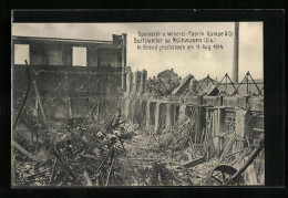 CPA Burtzweiler Bei Mülhausen /Els., Spinnerei- U. Weberei-Fabrik Kumpe & Co., In Brand Geschossen 1914  - Sonstige & Ohne Zuordnung