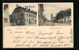 CPA Lutterbach, Restaurant J. Pflieger, Hauptstrasse Avec L'Église  - Sonstige & Ohne Zuordnung