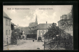 CPA Niedermorschweiler, Vue De La Rue Avec Vue Sur L'Église  - Other & Unclassified
