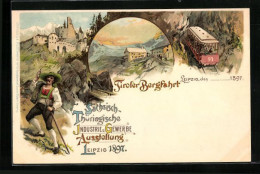 Lithographie Leipzig, Sächsisch-Thüringische Industrie- U. Gewerbe-Ausstellung 1897, Tiroler Bergfahrt, Ortspartie  - Ausstellungen