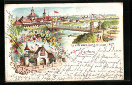 Lithographie Hamburg, Allgemeine Gartenbau-Ausstellung 1897, Ausstellungshalle Mit Brücke, Tor Am Holstenplatz  - Ausstellungen