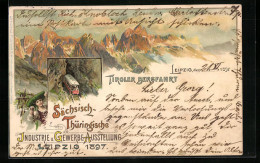 Lithographie Leipzig, Sächsisch-Thüringische Industrie & Gewerbe-Ausstellung 1897, Tiroler Bergfahrt, Frau In Tracht  - Ausstellungen