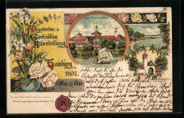 Lithographie Hamburg, Allgemeine Gartenbau-Ausstellung 1897, Haupt-Ausstellungs-Gebäude, Eingangstor B. Millerntor  - Tentoonstellingen