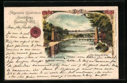 Lithographie Hamburg, Allgemeine Gartenbau-Ausstellung 1897, Die Hängebrücke  - Expositions