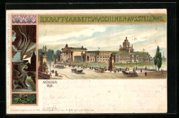 Lithographie München, II. Kraft- U. Arbeitsmaschinen-Ausstellung 1898, Ausstellungshalle Mit Pferdewägen  - Expositions