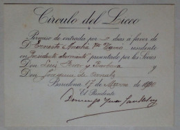 Permis D'admission Au Círculo Del Liceo De Barcelone (1900) - Lidmaatschapskaarten