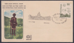 Inde India 1980 Special Cover International Stamp Exhibition, Mail Runner Postman, Rashtrapati Bhavan Pictorial Postmark - Storia Postale