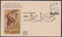 Inde India 1980 Special Cover International Stamp Exhibition, Camel Post, Army Postal Service, Bird Pictorial Postmark - Cartas & Documentos