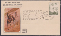 Inde India 1980 Special Cover International Stamp Exhibition, Camel Post, Postman, Girl, Woman, Pictorial Postmark - Cartas & Documentos