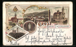 Lithographie Maria Enzersdorf, Neuprojektierte Gnadenkirche, Alte Gnadenkirche, Lourdes-Brunnen  - Other & Unclassified