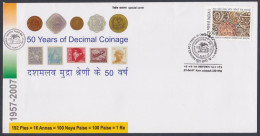Inde India 2007 Special Cover Decimal Coinage, Coins, Currency, Coin, Stamps, RBI Tiger Emblem Pictorial Postmark - Covers & Documents