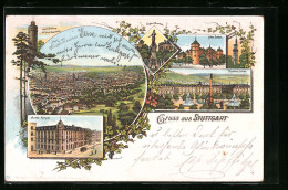 Lithographie Stuttgart, Hotel Royal, Altes Schloss, Eugens-Brunnen, Residenz-Schloss  - Stuttgart