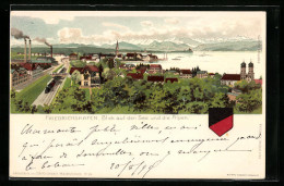 Lithographie Friedrichshafen, Blick Auf See Und Alpen, Wappen  - Friedrichshafen