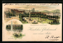 Lithographie Stuttgart, Schlossplatz, Und Anlagensee  - Stuttgart