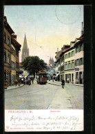 AK Freiburg I. Br., Strassenpartie Oberlinden Mit Strassenbahn  - Tramways