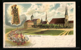 Lithographie Altötting, Kirche Mit Prozession, Madonnenfigur  - Altoetting